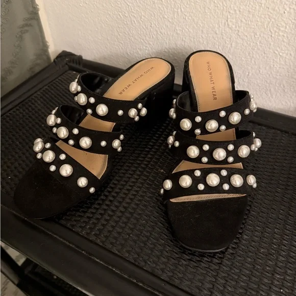 Who What Wear Black Pearl-Studded Strappy Mules - Picture 1 of 1
